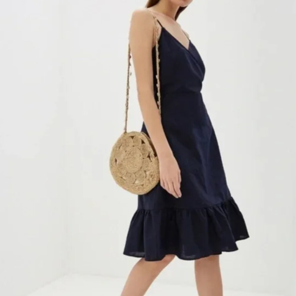 Gap Ruffle True Wrap Linen Dress Navy V-Neck Midi Knee Length